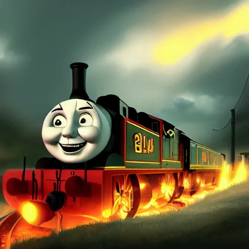 Image similar to gloomy and frightening thomas the engine goes straight to hell, artstation