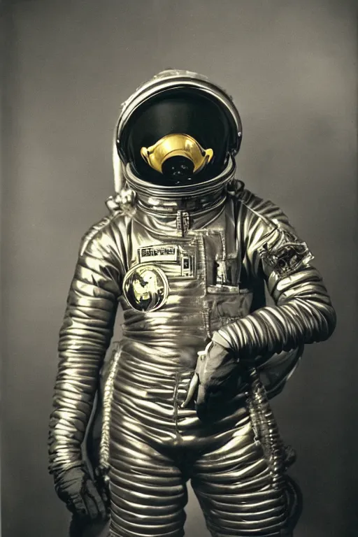 Image similar to extremely detailed studio portrait of space astronaut, tentacle coming out of mouth, helmet is off, helmet i in lap, full body, soft light, golden glow, award winning photo by james van der zee