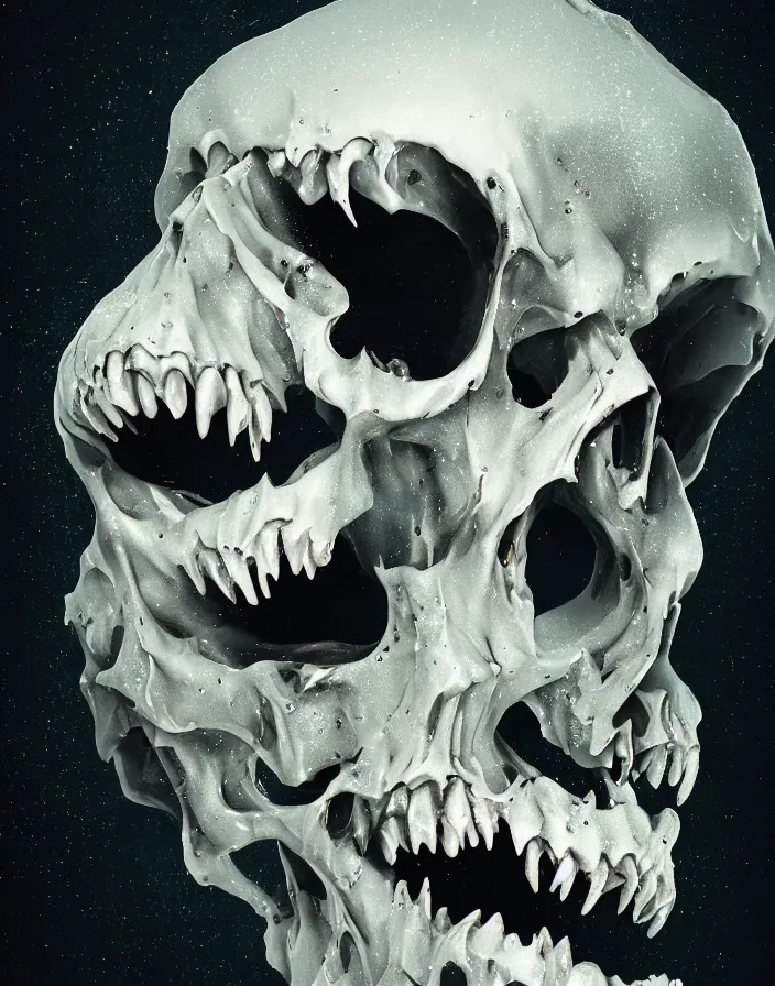 Image similar to portrait of a melting dripping skull. razor sharp teeth. burning water distortions. intricate abstract. intricate artwork. by Tooth Wu, wlop, beeple, dan mumford. octane render, trending on artstation, greg rutkowski very coherent symmetrical artwork. cinematic, hyper realism, high detail, octane render, 8k, depth of field, bokeh. iridescent accents