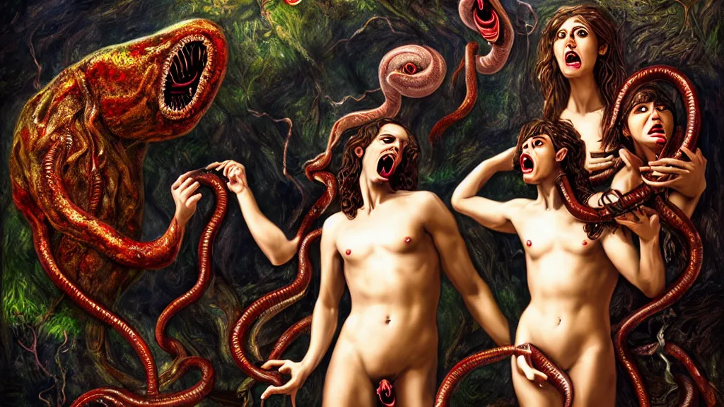 Image similar to Adam and eve with a screaming worm monster, maximalist, high detail, 8k, ornate, dark fantasy, realistic, masterpiece, complex, WLOP, wide angle