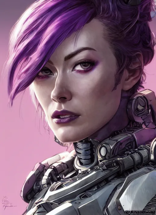 Prompt: close up portrait of a pale olivia wilde in sci - fi power armor with purple hair, powerful, domineering, stoic, masterful, intense, ultrafine hyperdetailed illustration by kim jung gi, irakli nadar, intricate linework, sharp focus, octopath traveler, yoji shinkawa, highly rendered, detailed, concept art