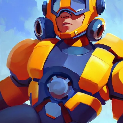 Prompt: greg manchess portrait painting of the megaman as overwatch character, medium shot, asymmetrical, profile picture, organic painting, sunny day, matte painting, bold shapes, hard edges, street art, trending on artstation, by huang guangjian and gil elvgren and sachin teng