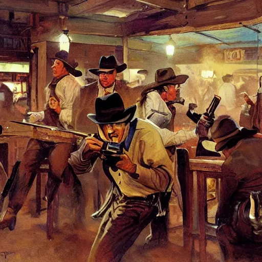 Prompt: cowboys shoot it out in a bar of a western town, 1890s, dynamic, by tom lovell and frank schoonover and dean cornwell and phil hale