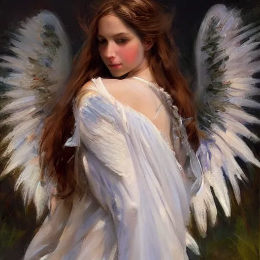 Image similar to a beautiful portrait of an angel with pretty face and her huge white wings spread out painted by gerhartz, highly detailed, beautiful, back lit, graceful and elegant, ethereal.