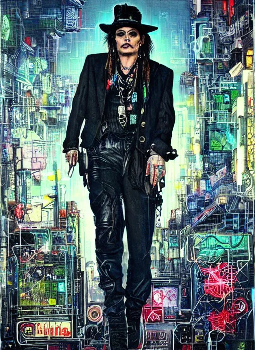 Prompt: johnny depp in a cyberpunk city by james jean, manuel sanjulian