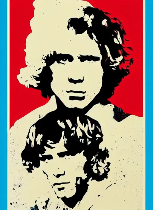 Prompt: Jim Morrison Poster, 1970's, Art Poster, screen print, Cream paper, black, red and cyan ink