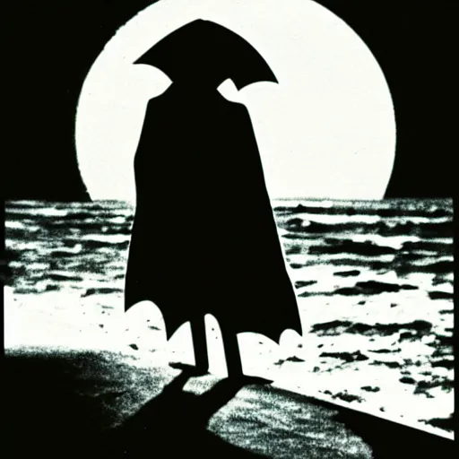 Image similar to nosferatu ( count orlok ) sunbathing at the beach at night time, full moon