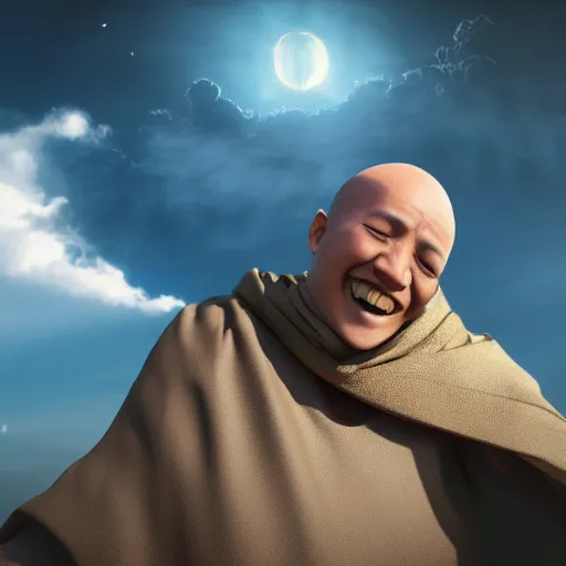 Image similar to a happy monk in perfect harmony with nature is watching the future in the sky. volumetric lighting, sharp focus, ultra detailed, cgsociety - w 1 0 2 4 - n 8 - i