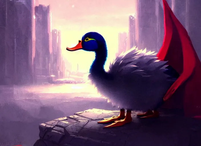 Image similar to cute fluffy mallard duck with vampire fangs wearing red cultist robe, details, cyberpunk, epic, sacrificial altar, landscape illustration concept art anime key visual trending pixiv fanbox by wlop and greg rutkowski and makoto shinkai and studio ghibli and kyoto animation symmetrical facial features