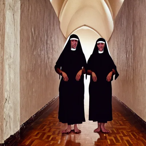 Image similar to award winning photo Floating nuns,Very long arms, in a sanctuary, eerie, frightening —width 1024 —height 1024