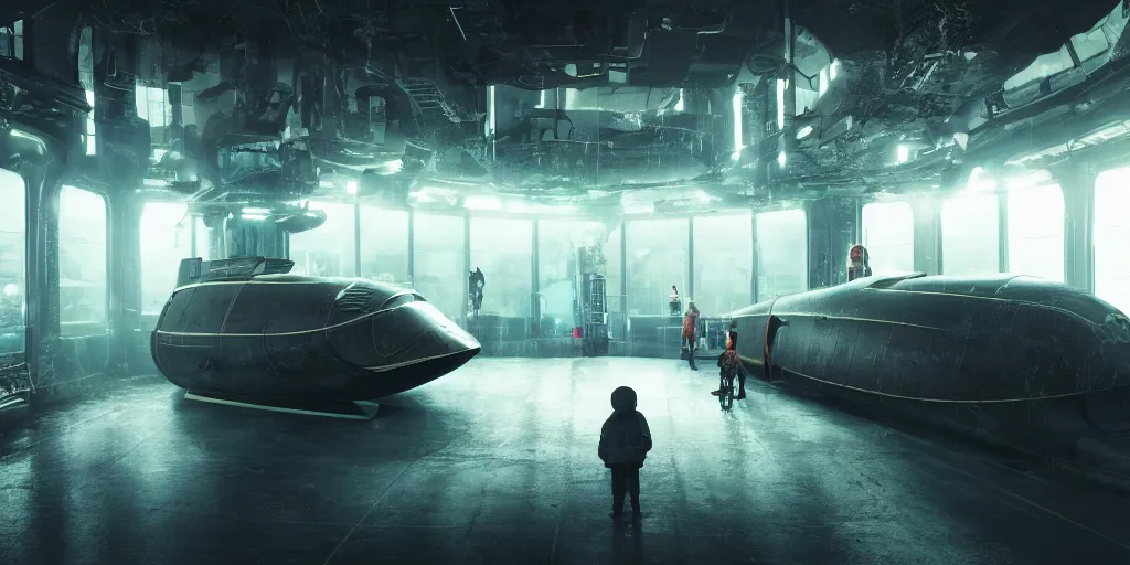 Image similar to photograph of a cyberpunk submarine interior set with a child standing next to lifeless adults. cinematic lighting, color contrast, arri alexa, anamorphic bokeh, professional lighting, 4 k, photographed by erik johansson, graded with davinci resolve