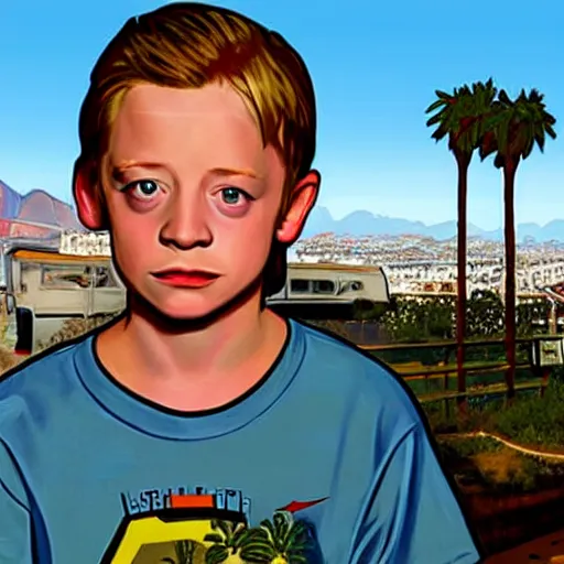 Prompt: Macaulay Culkin aged 10 in GTA V . Los Santos in the background, palm trees. In the art style of Stephen Bliss.
