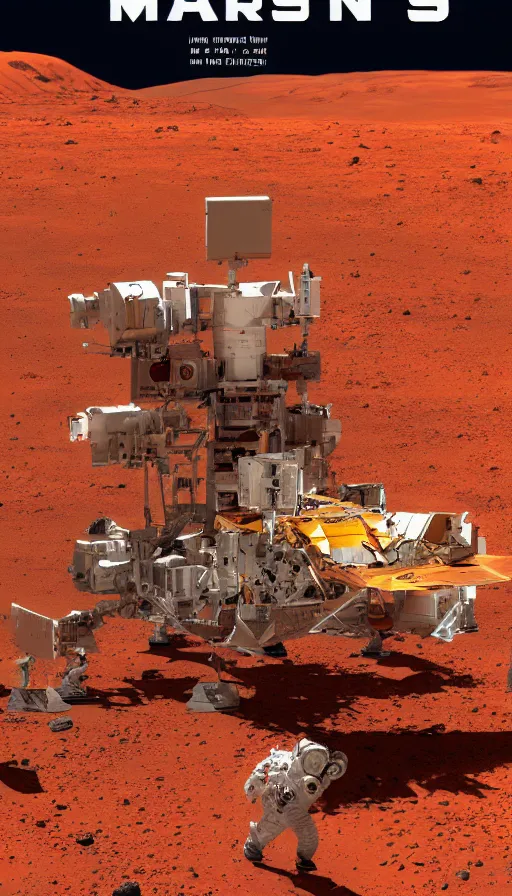 Image similar to movie poster of astronauts mining on mars, highly detailed, large text, bright colours, animated