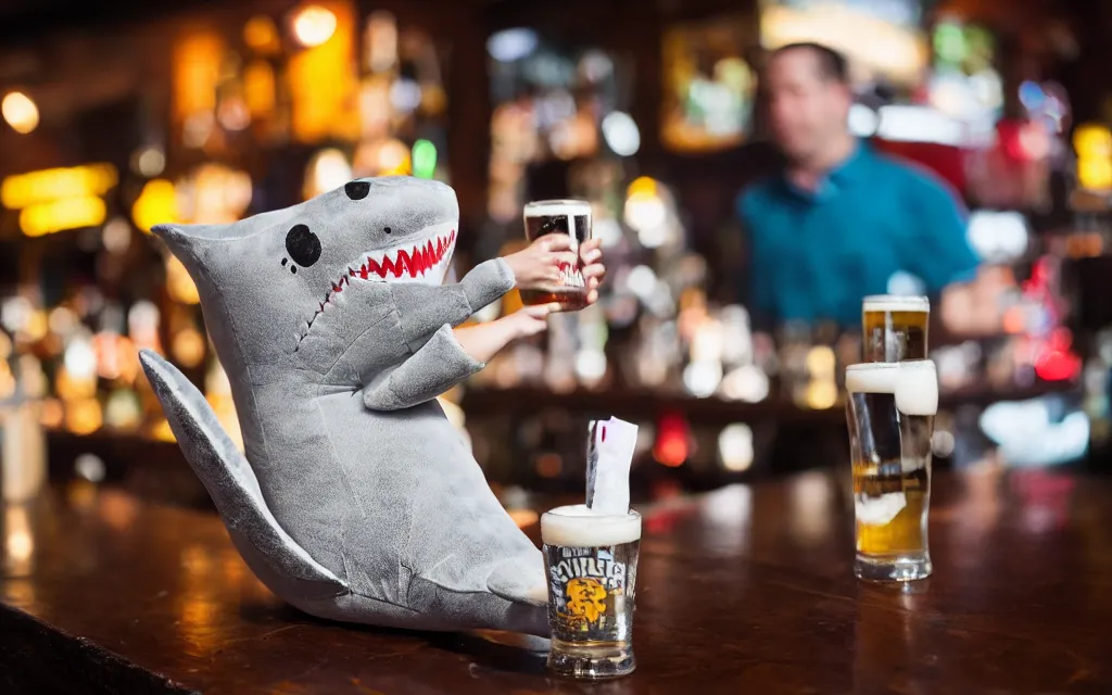 Prompt: Shark plush ordering a beer at a bar, stuffed toy, fish, dim lighting, 50mm, depth of field