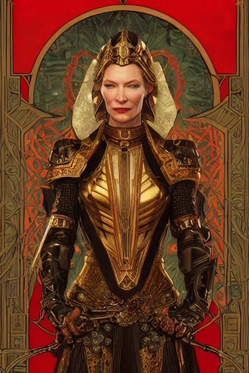 Prompt: tarot card, the emperor, armored woman, looks like cate blanchett, beautiful, fantasy, super detailed, ornate, by alphonse mucha, artstation, greg rutkowski, symmetry, red, gold, white, black, 8 k, sharp focus