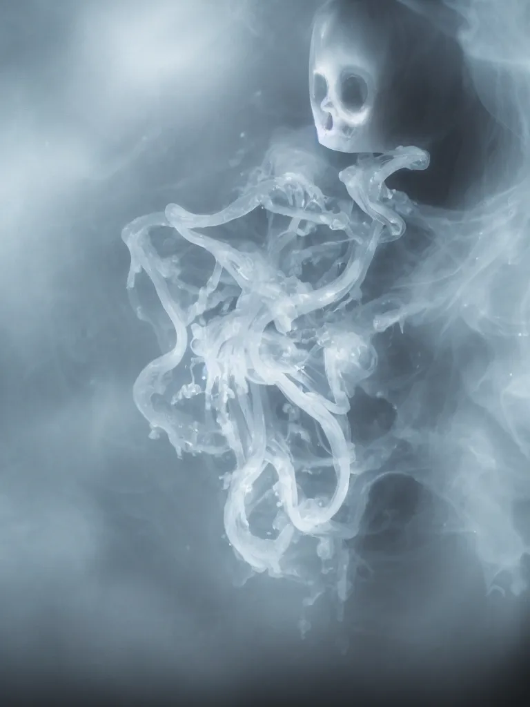 Image similar to cute fumo chibi plush beautiful ectoplasmic gothic skeletal jellyfish ghost girl, glowing milky wisps of hazy smoke and volumetric fog, lens flare, subsurface scattering, vignette, asymmetry, bokeh, refraction, vray