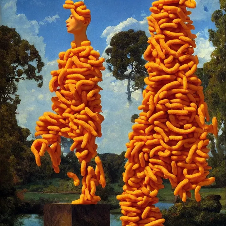 Prompt: A Monumental Public Sculpture of a Giant Human Head made out of Cheetos on a pedestal by the lake, surreal oil painting by John Singer Sargent and Maxfield Parrish shocking detail hyperrealistic studio lighting