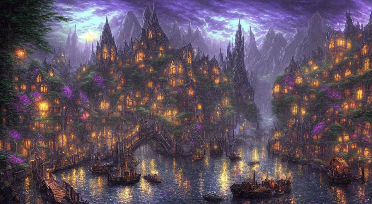 Prompt: dark elven city in the underdark with a river, cobble stone paths, a dock with a large ship, cityscape in the style of thomas kinkade