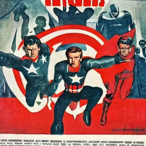 Prompt: the avengers 2012 in a 1950's URSS Communist poster of propaganda