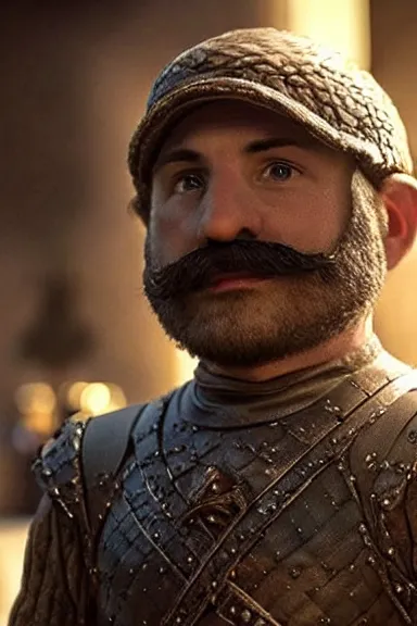 Image similar to “ very very intricate photorealistic photo of a realistic human version of super mario in an episode of game of thrones, photo is in focus with detailed atmospheric lighting, award - winning details ”