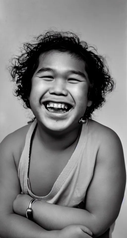 Image similar to close up photograph of a single fat filipino teenage boy smiling with crooked teeth, with a curly perm, and with small studded earings, 4 k, photorealistic, high detail by richard avedon