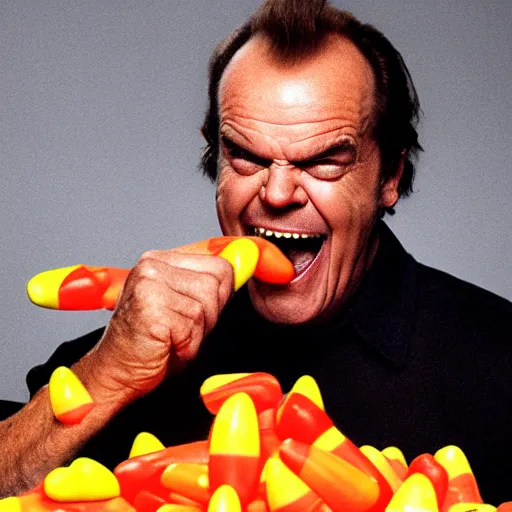 Prompt: jack nicholson maniacally eating fists full of candy corn while in a whole room full of candy corn