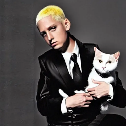 Prompt: Recovery-era Eminem holding a tuxedo cat, 80's style, photorealistic