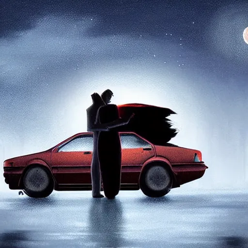 Prompt: Stunning Digital Art of Horrifyingly devastated man and woman hiding inside of a car while a werewolf howls at the moon outside by Stefan Koidl