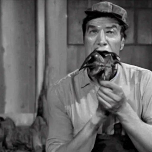 Image similar to a screen still of a man chewing on a carp from an episode of the twilight zone