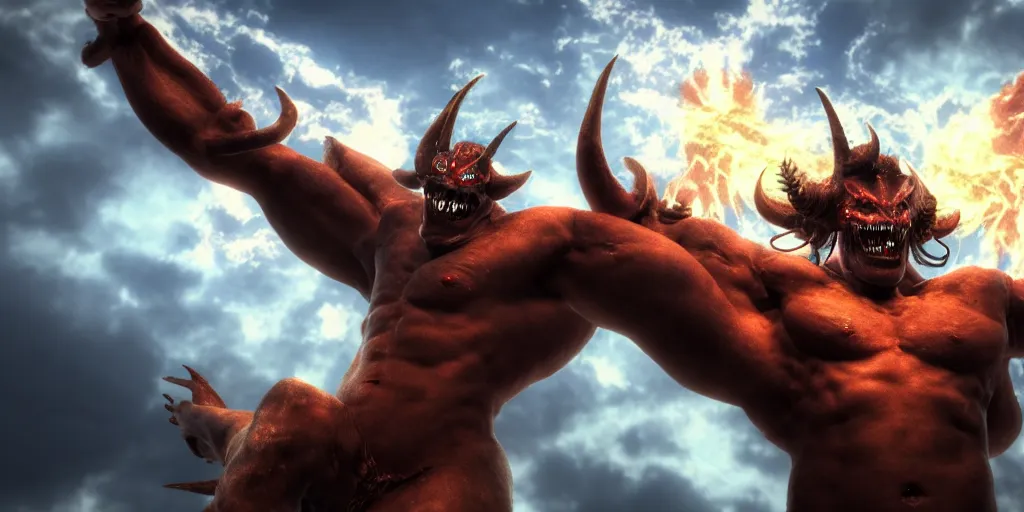 Prompt: 8k ultrarealistic image of The Demon Astaroth smiling down on humans, gloomy background