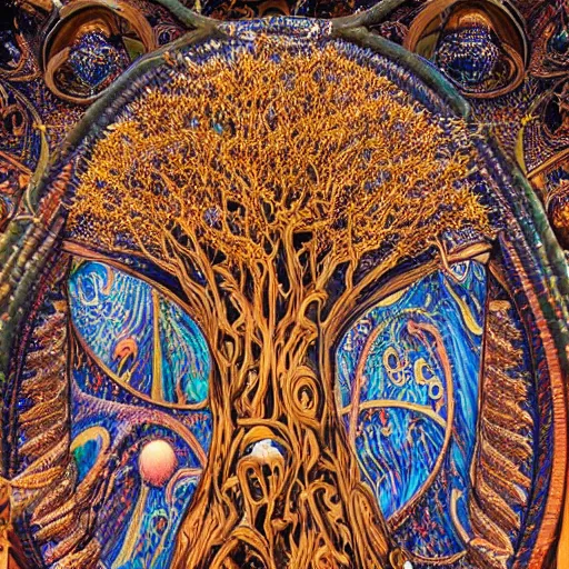 Image similar to a human man standing next to a cosmic tree, a sense of awe, amazement, monogon, plasma display, wooden, damascus, multiscopy, morph, in a symbolic and meaningful style, insanely detailed and intricate, hypermaximalist, elegant, ornate, hyper realistic, super detailed