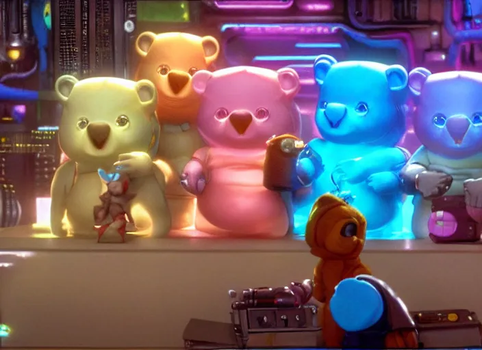 Image similar to film still of cyberpunk care bears in the fifth element movie, 4 k