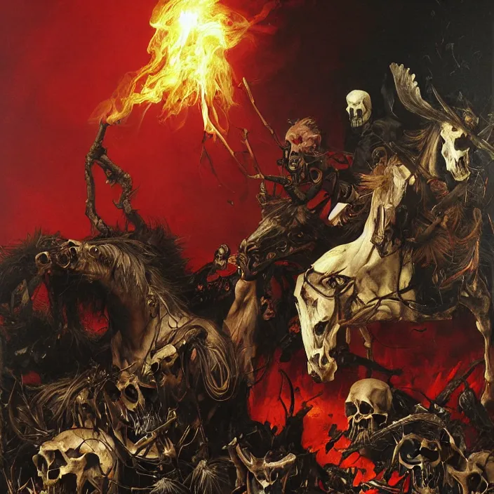 Prompt: horsemen of the apocalypse, bones, skulls, smoke, a flock of crows, snakes, smoke, flames, full-length, oil painting in a renaissance style , very detailed, red background, painted by Caravaggio, Greg rutkowski, Sachin Teng, Thomas Kindkade, Alphonse Mucha, Norman Rockwell, Tom Bagshaw.