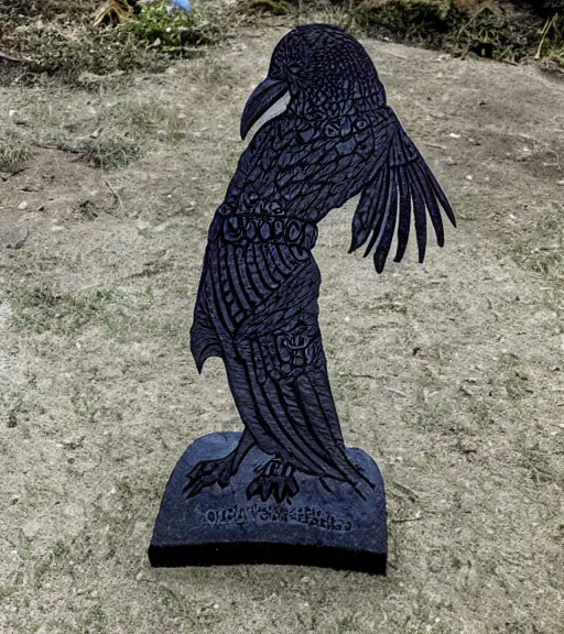 Image similar to raven standing on a large tombstone relic with glowing sigils on it, midnight death fog colors!