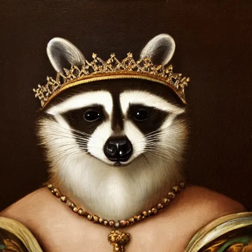 Prompt: a renaissance style portrait oil painting of a fancy raccoon wearing a crown and a cape, dark background