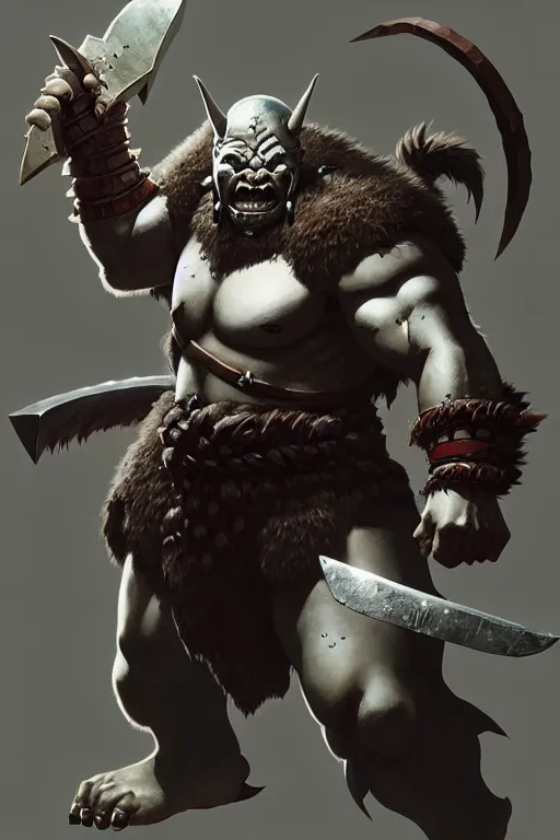 Image similar to orc barbarian wearing leather armor, full body shot, exquisite details, earth magic, mid view, design on a white background, by greg rutkowski, makoto shinkai, takashi takeuchi, studio ghibli