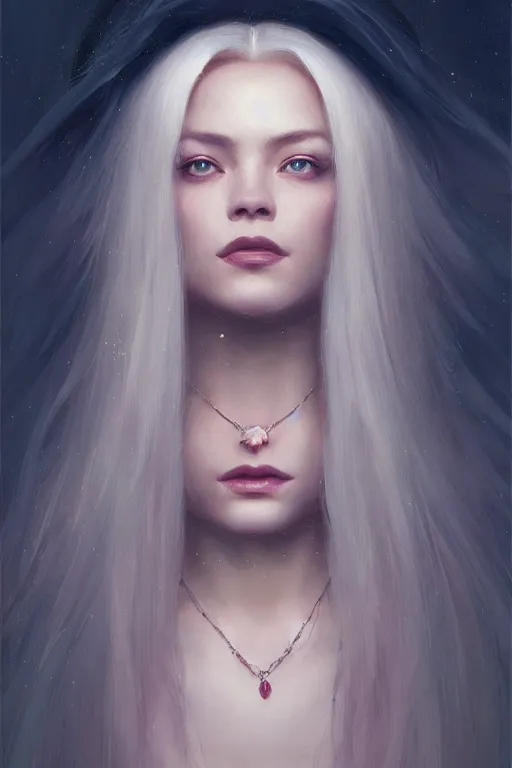 Prompt: dramatic lighting by wlop, stunning portrait female holding crystal white hair, blush, rose necklace, flowing hair, slim face, elegant, terry moore, barclay shaw, karol bak, greg rutkowski