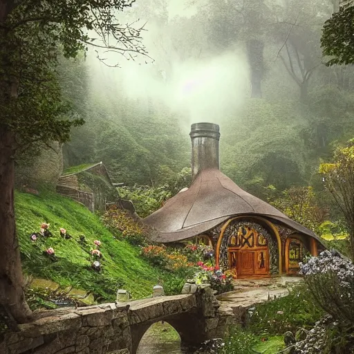 Image similar to hobbit in medieval hobbit house, ornate, beautiful, atmosphere, vibe, mist, smoke, fire, chimney, rain, wet, pristine, puddles, melting, dripping, snow, creek, lush, ice, bridge, forest, roses, flowers, by stanley artgerm lau, greg rutkowski, thomas kindkade, alphonse mucha, loish, norman rockwell