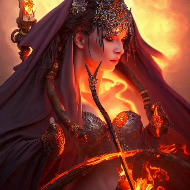 Prompt: beautiful elemental fire witch with ornate robes and staff, highly detailed, 4 k, hdr, smooth, sharp focus, high resolution, award - winning photo, artgerm, photorealistic