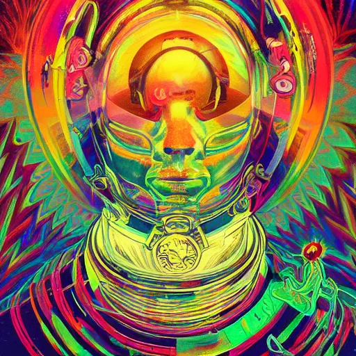 Image similar to An extremely psychedelic experience, colorful, surreal, dramatic lighting, cosmonaut, LSD, face, detailed, intricate, elegant, highly detailed, digital painting, artstation, concept art, smooth, sharp focus, illustration, art by Sam Spratt, Dan Mumford, Artem Demura and Alphonse Mucha