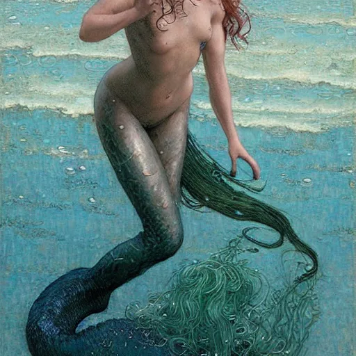 Image similar to beautiful mermaid emerging from the ocean, art by Edgar Maxence and Ross Tran and Michael Whelan