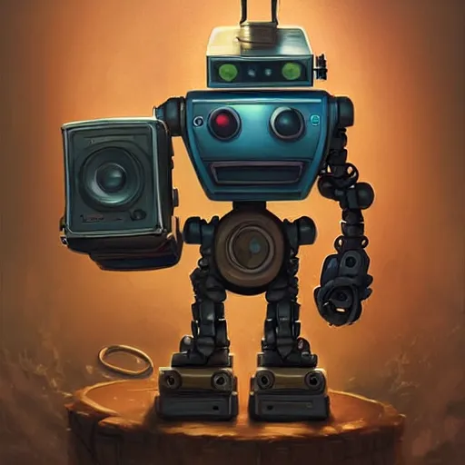 Prompt: robot [ thing ], holding a boombox, holding a bomb, tiny, small, short, cute and adorable, pretty, beautiful, dnd character art portrait, matte fantasy painting, deviantart artstation, by jason felix by steve argyle by tyler jacobson by peter mohrbacher, cinema