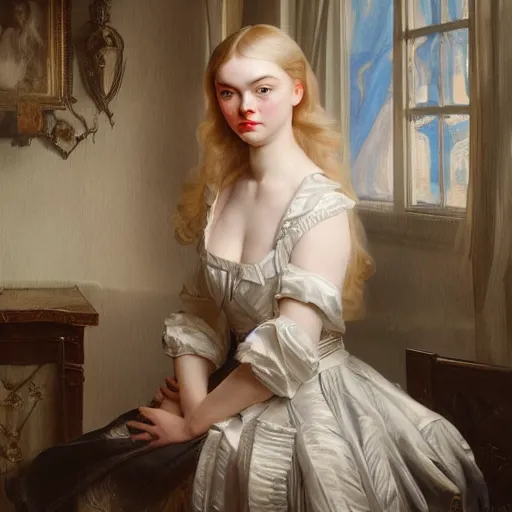 Prompt: leyendecker and peter paul rubens, head and shoulders portrait of a elle fanning, nighttime, interior of a flooded living room, unreal engine, fantasy art by global illumination, radiant light, detailed and intricate environment
