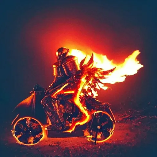Prompt: “a burning knight in full armor riding a burning motorcycle that is on fire in an graveyard at midnight. cursed image.”