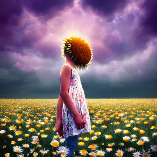 Image similar to head made of giant daisies, girl standing barefoot in a vast flower field, arms down, surreal photography, sunrise dramatic light, impressionist painting, colorful clouds, large sky, digital painting, artstation, simon stalenhag, flower face