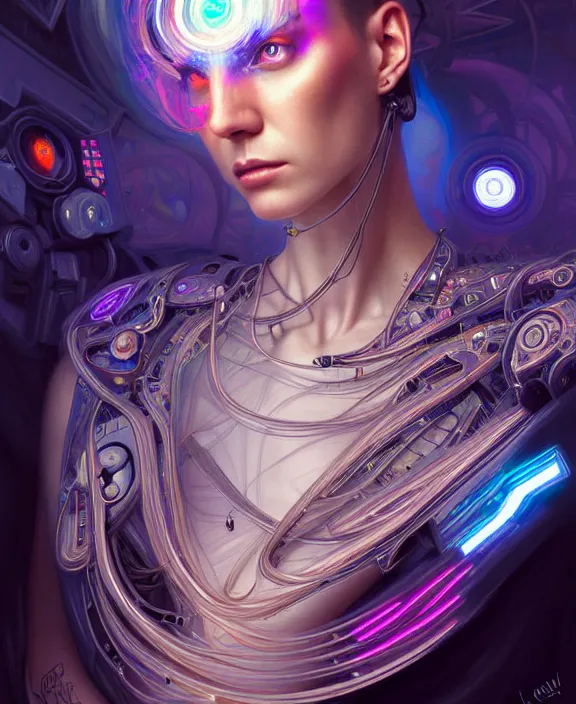 Image similar to a whirlwind of souls rushing inside the metaverse, hologram, half body, neurochip, shaved temple, piercing, jewelry, android, cyborg, cyberpunk face, by loish, d & d, fantasy, intricate, elegant, highly detailed, colorful, digital painting, artstation, concept art, art by artgerm and greg rutkowski and alphonse mucha