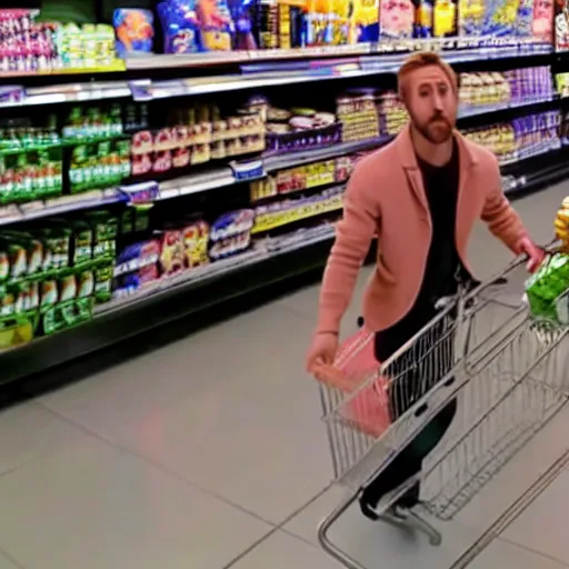 Image similar to ryan gosling in grocery store, go pro camera, hyperrealistic, 8k footage,