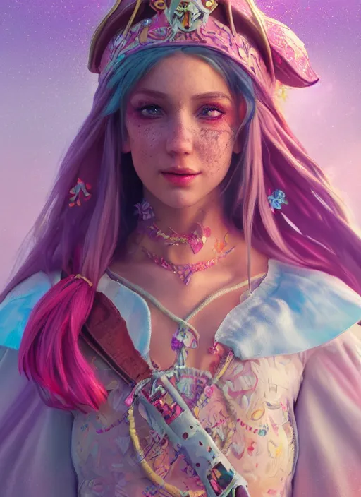 Image similar to detailed full body concept colorful pastel painting of a Disney pirate princess in intricate clothing, cinematic lighting, hyperdetailed, 8k, high resolution, insanely detailed and intricate, octane render, vfx, postprocessing, freckles, alluring