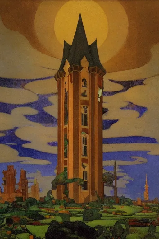 Image similar to view of the old tower and its gardens after a storm, tall windows lit up, beautiful ornamental architecture, dramatic cinematic lighting, rich colors, by Nicholas Roerich and and Caspar David Friedrich and ford madox brown and April Gornik and William Dyce and ((Diego Rivera)), smooth featured on artstation