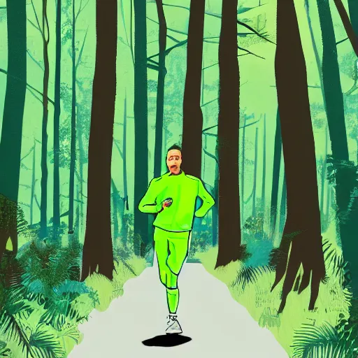 Prompt: a guy in acid-green athletic sneakers runs through a forest with tall trees, art by Tomine,